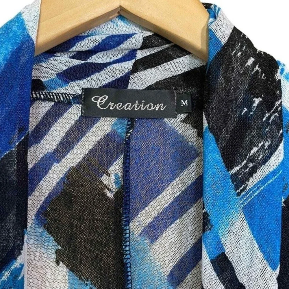 Creation‎ Women Blue Black Abstract Print Open Front Longline Cardigan Size M
